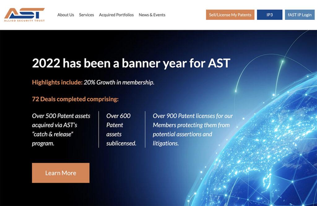 Imagen sitio web de AST que permite ofrecer la venta de patentes a grandes empresas. 