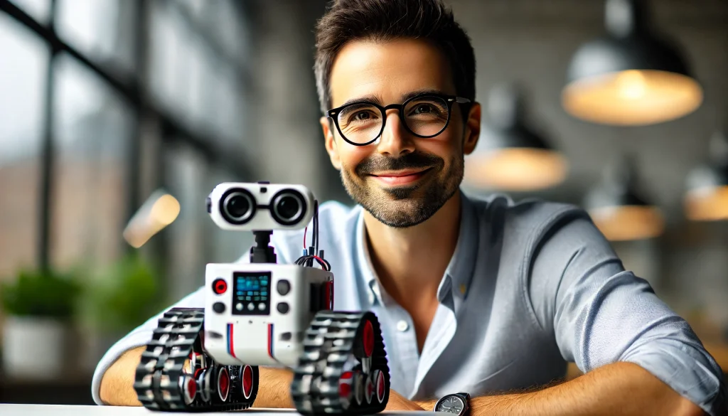 Hombre con un robot sobre una mesa, vendiendo su invento a un multinacionales como BOSCH, Siemens, Black & Decker y Procter & Gamble