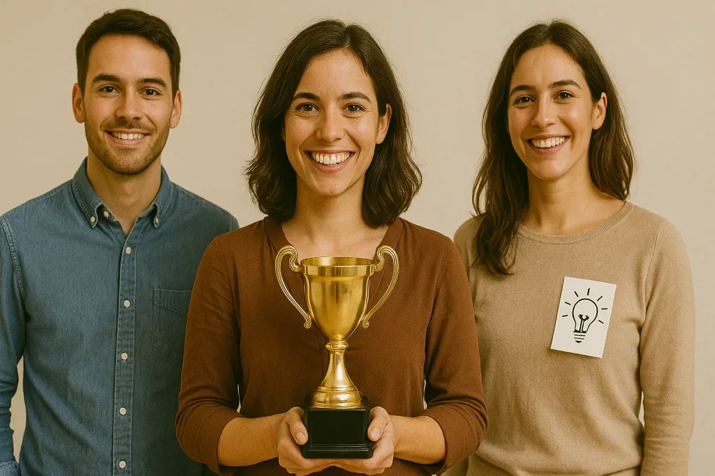 Tres inventores españoles sonrientes, dos mujeres y un hombre, posan juntos celebrando un premio a la innovación. La mujer del centro sostiene un trofeo dorado.