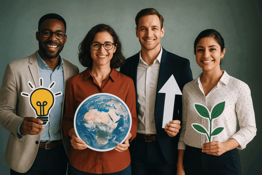 Emprendedores e inventores diversos sostienen íconos de innovación, sostenibilidad y cambio positivo, representando el espíritu global de las competiciones XPRIZE.