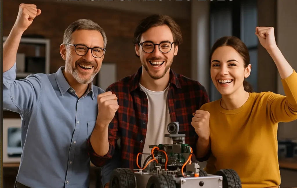 Tres jóvenes inventores españoles sonrientes en un taller de prototipos, celebrando la financiación de su startup tecnológica gracias a NEOTEC.