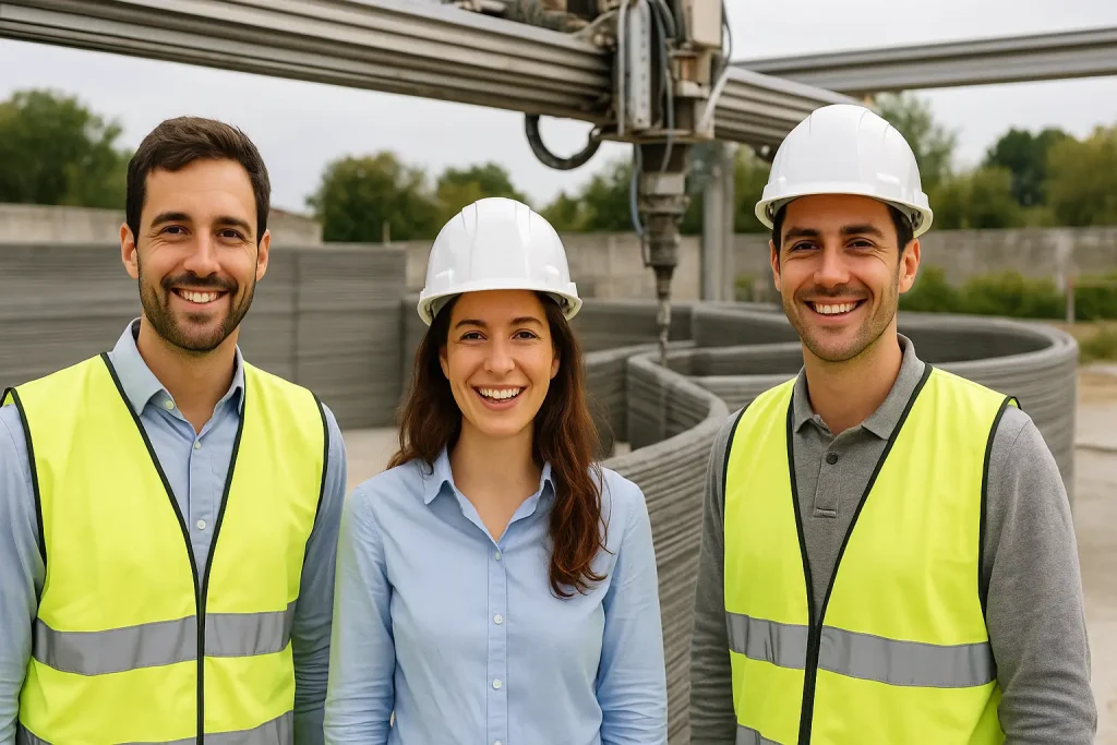 Tres emprendedores españoles sonrientes junto a una impresora 3D de construcción, presentando su invento en el contexto del concurso CEMEX 2025.
